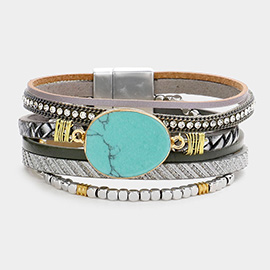 Natural Stone Accented Faux Leather Magnetic Bracelet