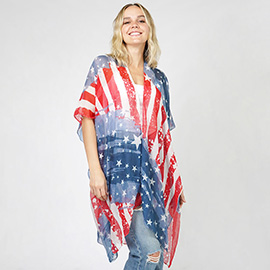 American USA Flag Print Cover Up Kimono Poncho