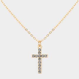 Rhinestone Embellished Metal Cross Pendant Necklace