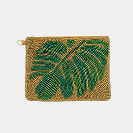 Seed Beaded Tropical Leaf Mini Pouch Bag