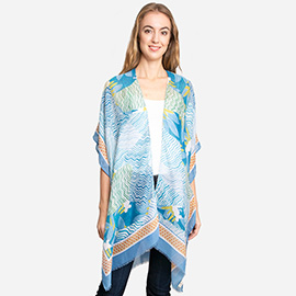 Floral Wavy Patterned Cover Up Kimono Poncho