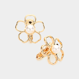 Pearl Centered Metal Flower Clip On Earrings