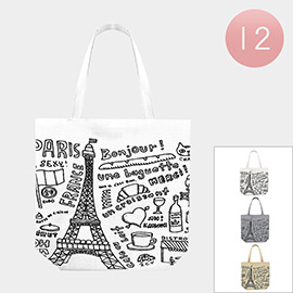 12PCS - Paris Eiffel Tower Message Printed Tote Bags