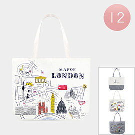 12PCS - Paris Eiffel Tower Map of London Printed Tote Bags