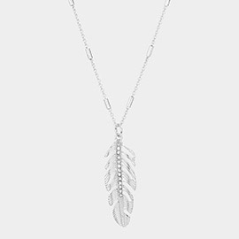 Rhinestone Embellished Metal Feather Pendant Long Necklace