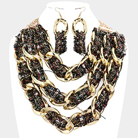 Tweed Fabric Metal Chain Link Triple Layered Bib Necklace
