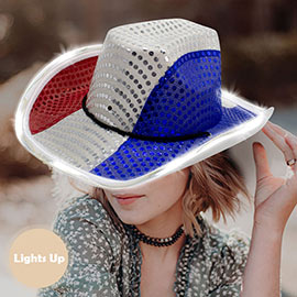 LED Light Up American USA Flag Sequin Cowboy Hat