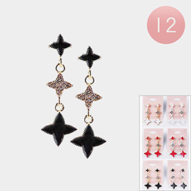 12Pairs - Stone Embellished Enamel Triple Quatrefoil Link Dangle Earrings