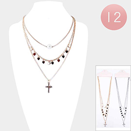 12PCS - Pearl Heart Cross Pendant Triple Layered Necklaces