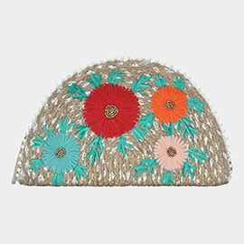 Embroidery Flower Leaf Pearl Trim Half Round Clutch Bag