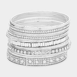 15PCS - Stackable Stone Embellished Metal Bangle Bracelets