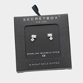 Secret Box _ Sterling Silver Dipped CZ Baguette Square Stone Stud Earrings