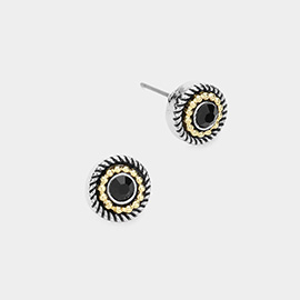 Round Stone Accented Antique Metal Stud Earrings