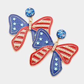 Glittered American USA Flag Bow Dangle Earrings