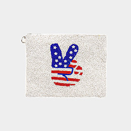 American USA Flag Peace Sign Seed Beaded Mini Pouch Bag
