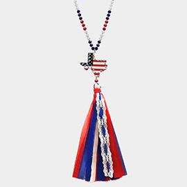 American USA Flag Texas State Map Mesh Fabric Tassel Link Long Necklace
