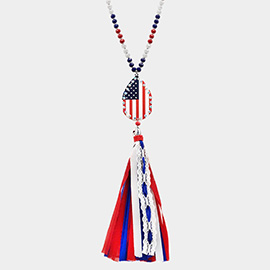 American USA Flag Teardrop Mesh Fabric Tassel Link Long Necklace