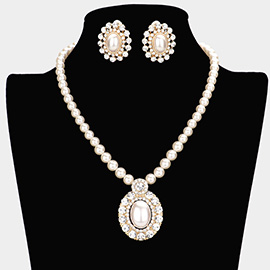 Oval Pearl Centered Bubble Stone Trimmed Pendant Necklace Clip On Earring Set