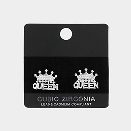 CZ Queen Message Crown Stud Evening Earrings