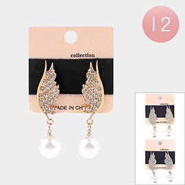 12Pairs - Rhinestone Embellished Wing Pearl Link Dangle Earrings