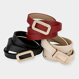 3PCS - Stone Embellished Open Rectangle Buckle Faux Leather Belts