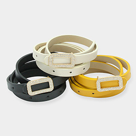 3PCS - Stone Embellished Open Rectangle Buckle Faux Leather Belts
