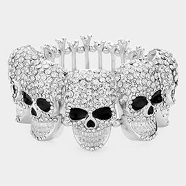 Rhinestone Embellished Skull Metal Bone Stretch Evening Bracelet