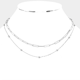 Metal Ball Station Open Oval Link Double Layered Necklace