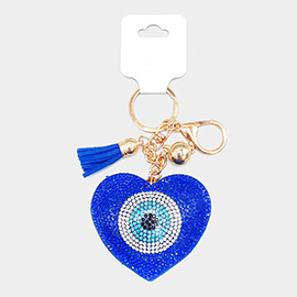Bling Evil Eye Accented Heart Tassel Keychain