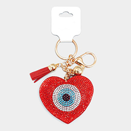 Bling Evil Eye Accented Heart Tassel Keychain