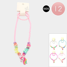 12 Set of 2 - Unicorn Pendant Flower Bow Pointed Beaded Kids Necklaces