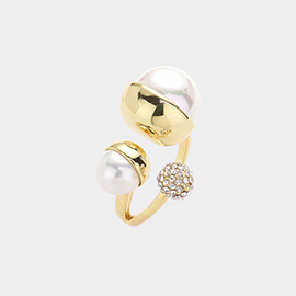 Gold Plated Pearl Accented CZ Embellished Ball Ring
