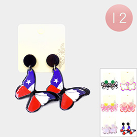 12Pairs - American USA Flag Flower Printed Butterfly Dangle Earrings