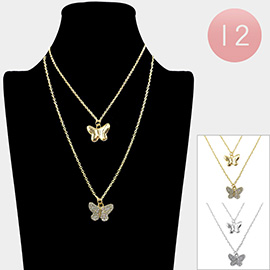 12PCS - Butterfly Pendant Double Layered Necklaces