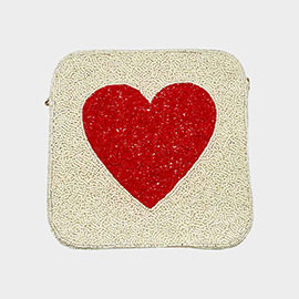 Heart Accented Seed Beaded Square Crossbody Bag