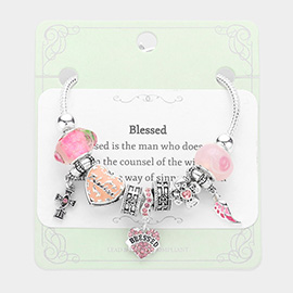 Cross Blessed Message Heart Wing Charm Multi Bead Bracelet