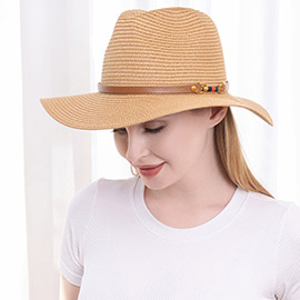 Color Block Pointed Faux Leather Band Straw Panama Sun Hat