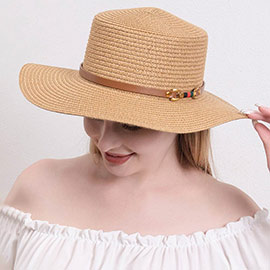 Color Block Pointed Faux Leather Band Straw Sun Hat