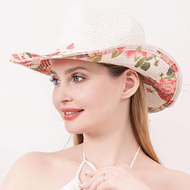 Rose Flower Printed Straw Panama Sun Hat