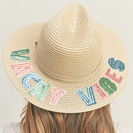 Vacay Vibes Sequin Message Straw Panama Sun Hat