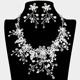 Pearl Stone Bead Embellished Flower Leaf Evening Necklace