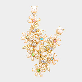 Metal Butterfly Pearl Flower Cluster Dangle Earrings