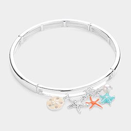 Enamel Sand Dollar Starfish Pearl Charm Stretch Bracelet