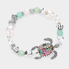 Abalone Turtle Accented Pearl Resin Beaded Stretch Bracelet