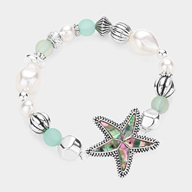 Abalone Starfish Accented Pearl Resin Beaded Stretch Bracelet