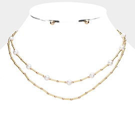 Pearl Station Tube Beaded Double Layered Necklace