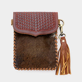 Animal Patterned Genuine Leather Calf Tassel Crossbody Bag