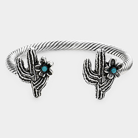 Natural Stone Embellished Cactus Twisted Metal Cuff Bracelet
