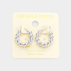 14K White Gold Dipped Braided Metal Hoop Pin Catch Earrings
