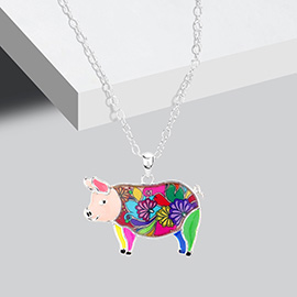 Flower Patterned Pig Pendant Necklace